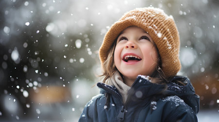 Adorable little girl having fun on beautiful winter day outdoors. Happy child playing outdoors. Winter activities for kids.の素材