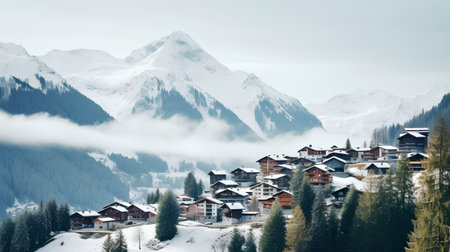 Beautiful alpine village with snow covered mountains in the background.の素材