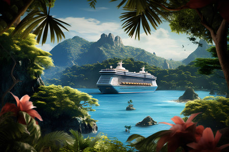 Cruise ship in the sea with tropical island and palm trees.の素材