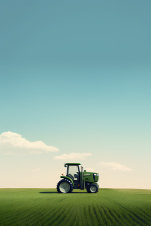 Green tractor on green field with blue sky background. 3d renderの素材