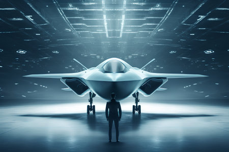 Businessman looking at a jet fighter in futuristic space. 3D Renderingの素材