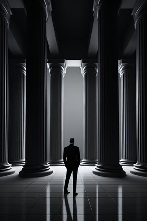 Businessman standing in front of a row of columns in a dark roomの素材
