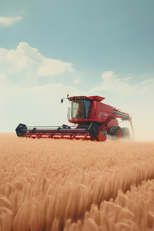 Combine harvester working on wheat field. 3D illustrationの素材