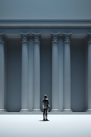 Businessman standing in front of classic columns. 3D rendering.の素材
