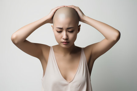 Portrait of a beautiful asian woman with headache, migraine or stress.の素材