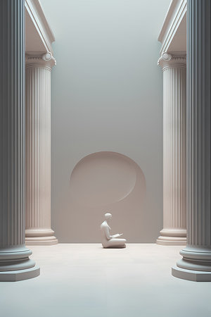 Pillars and a man sitting on the floor. 3d renderingの素材