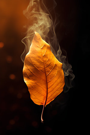 Autumn leaf on a black background with smoke. Autumn concept.の素材