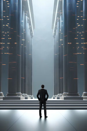 businessman standing in front of columns and looking to the future, 3d renderの素材