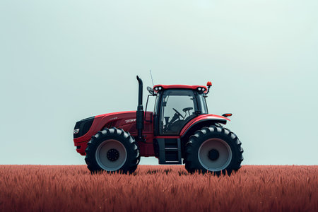 Red tractor on the field. 3D render. Agricultural machinery.の素材