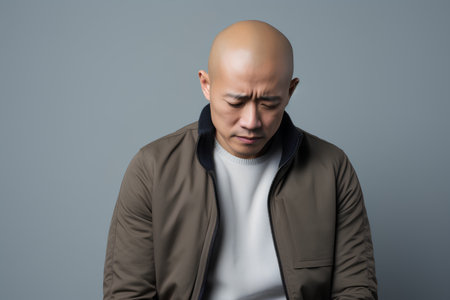Asian bald man in a jacket and white t-shirt on a gray backgroundの素材