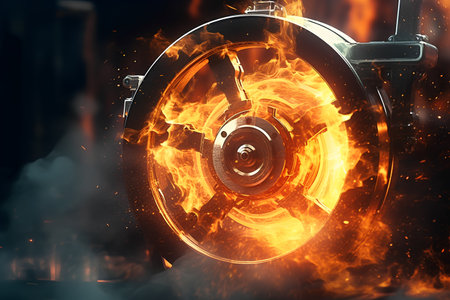 Burning steel wheel on fire background, 3d rendering. Computer digital drawing.の素材