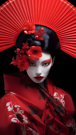 3d illustration of a japanese geisha with red fanの素材