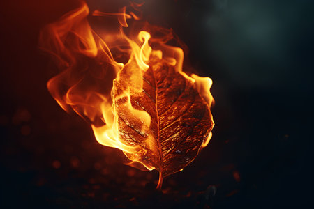 Burning leaves in the fire on a black background. Close-upの素材
