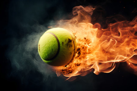 tennis ball flying in the air with smoke on a black backgroundの素材