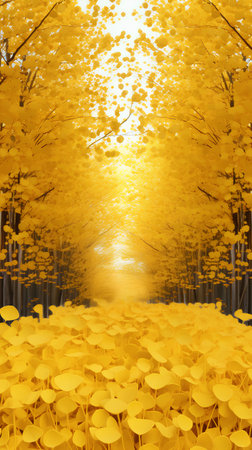 Autumn background with yellow leaves and sunbeams, 3d renderの素材