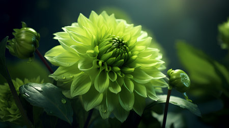 Green dahlia flower with water drops on the petals. Nature backgroundの素材