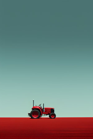 Tractor on a red field. 3d render illustration. Side view.の素材
