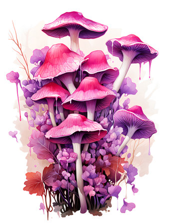 Illustration of a group of mushrooms with purple leaves on a white backgroundの素材