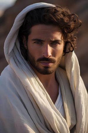 Portrait of a handsome young man wrapped in a white towel.の素材