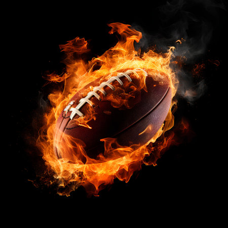 American football ball in fire flames isolated on black background. 3d illustrationの素材