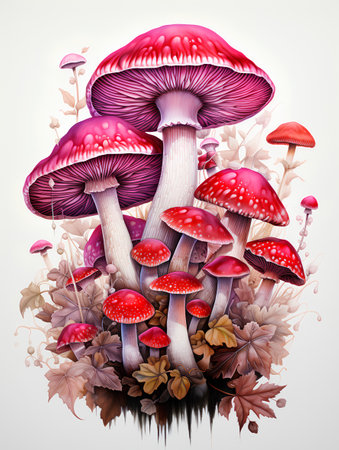 Illustration of a group of fly agaric mushrooms with autumn leaves.の素材
