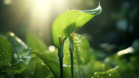 Green leaves of a plant with sunlight in the morning. Nature backgroundの素材