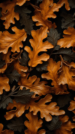 Seamless pattern with autumn oak leaves on a black background.の素材
