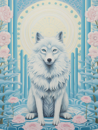 cartoon image of white wolf on the background of blue sky and flowersの素材