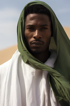 Portrait of african american muslim man in green scarf looking away in desertの素材