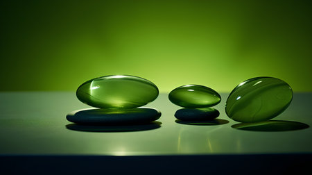 Green spa stones on a green background with reflection and copyspaceの素材