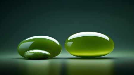Green glass balls on dark green background. 3d render illustration.の素材