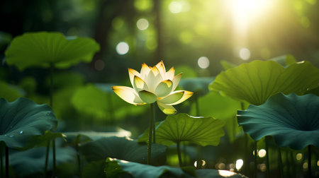 Lotus flower blooming in the pond with sunlight and green leaves.の素材