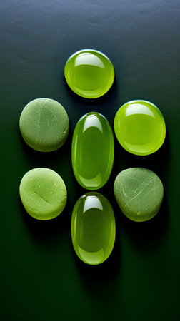 Green pills on black background. 3D illustration. Copy space.の素材