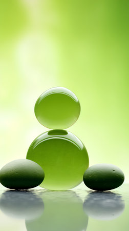 Spa still life with green stones and water drops on green backgroundの素材