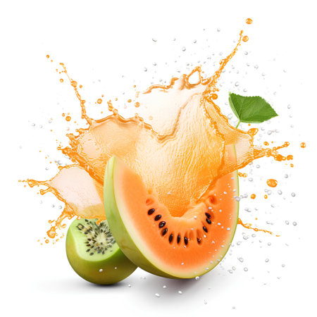 Melon and kiwi with juice splash isolated on white backgroundの素材