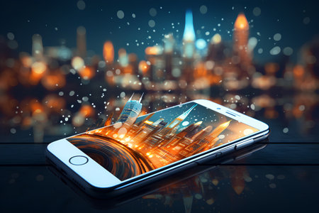 Smartphone on the background of the city. 3d rendering.の素材
