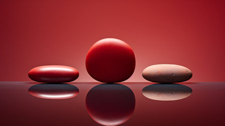 Three red Easter eggs on a red background. 3d illustration.の素材