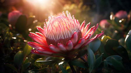 Beautiful protea flower blooming in the garden at sunset.の素材