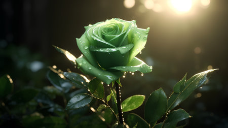 Beautiful green rose with drops of dew on a dark backgroundの素材