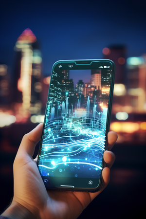 Smartphone in hand with city at night. Technology concept. 3D Renderingの素材