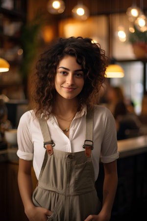 Portrait of a young waitress standing in a cafe, smiling.の素材