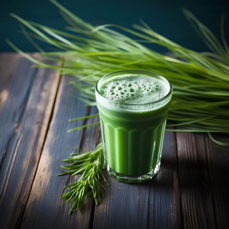 Green wheat grass juice in a glass and fresh wheat grass on a dark wooden backgroundの素材