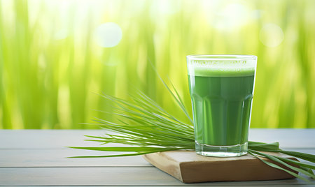 Glass of fresh wheat grass juice with green grass on wooden table.の素材