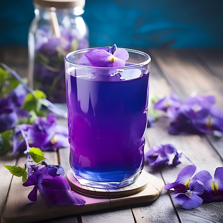 butterfly pea juice in a glass on a wooden tableの素材