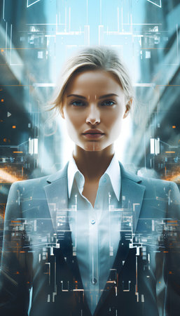 Portrait of a young businesswoman in a business suit on the background of a modern city. Double exposureの素材
