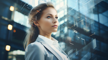 Portrait of young businesswoman in front of modern skyscrapersの素材