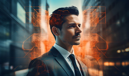 Portrait of a handsome young man in a business suit standing on the background of a futuristic city. Toned image double exposureの素材