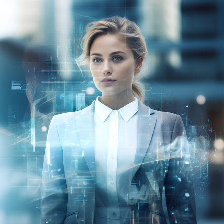 Portrait of young businesswoman in futuristic office with double exposure of cityscape. Toned imageの素材