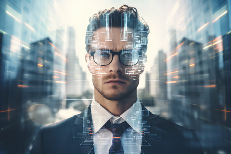 Portrait of handsome young businessman in suit and eyeglasses on abstract city background with binary code. Technology and innovation concept. Double exposureの素材