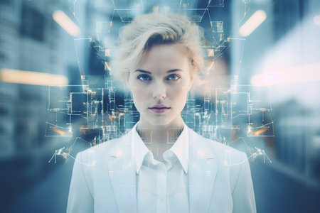 Portrait of a young businesswoman looking at the camera against a futuristic backgroundの素材